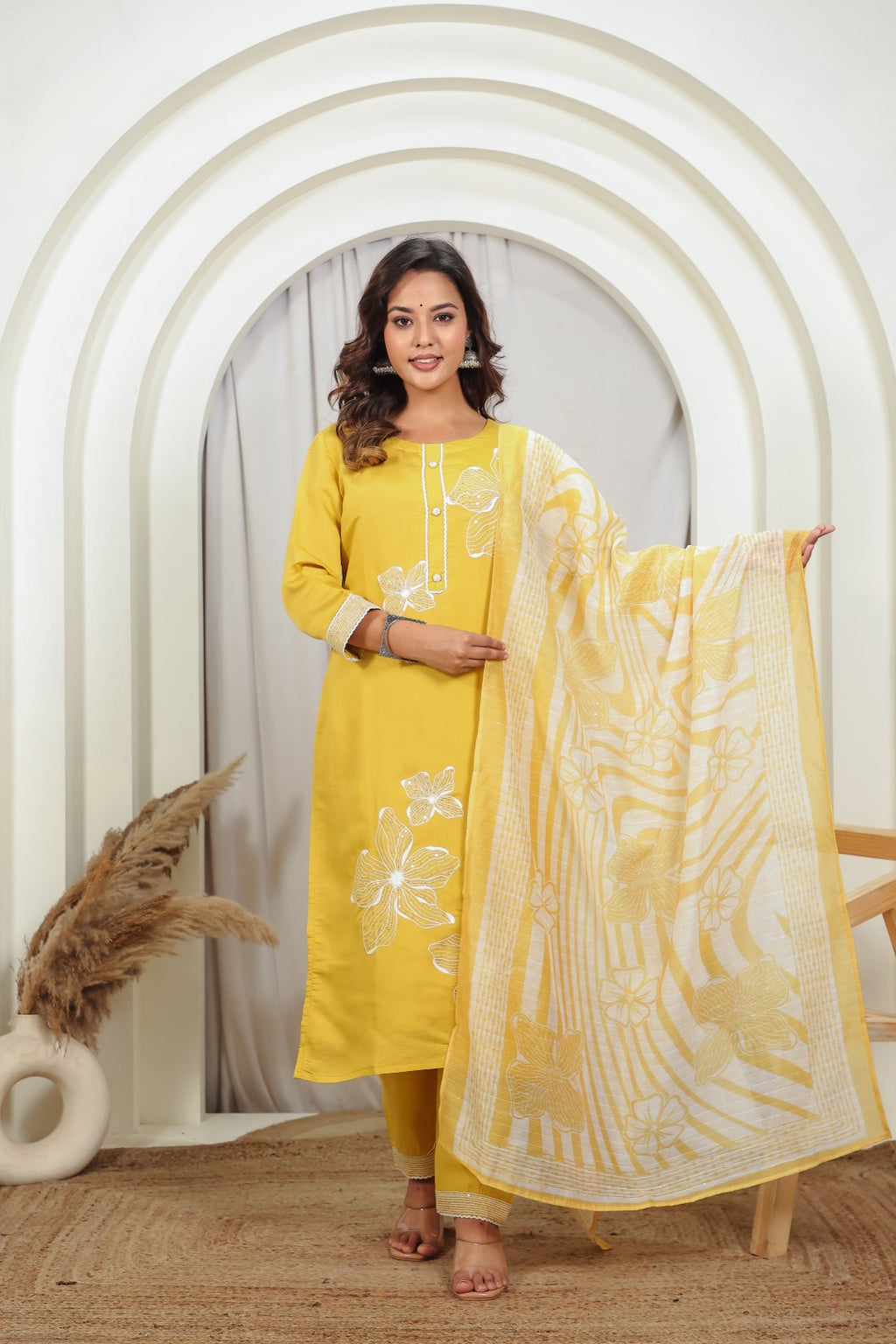 Yellow Muslin Suit with White Thread & Sequin Work, Bottom & Dupatta