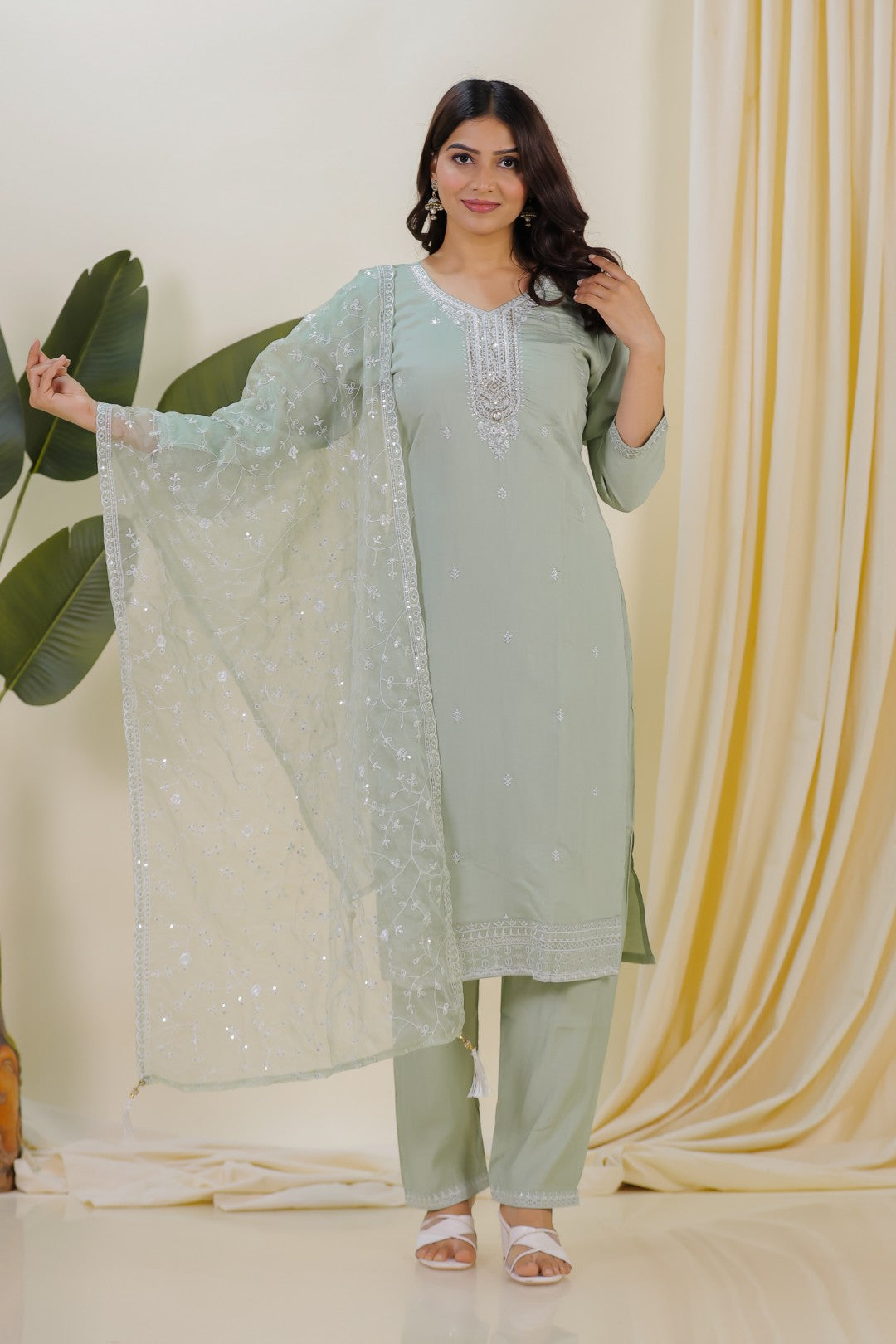 Pista Green Muslin Suit with Thread Work, Straight Pant & Dupatta
