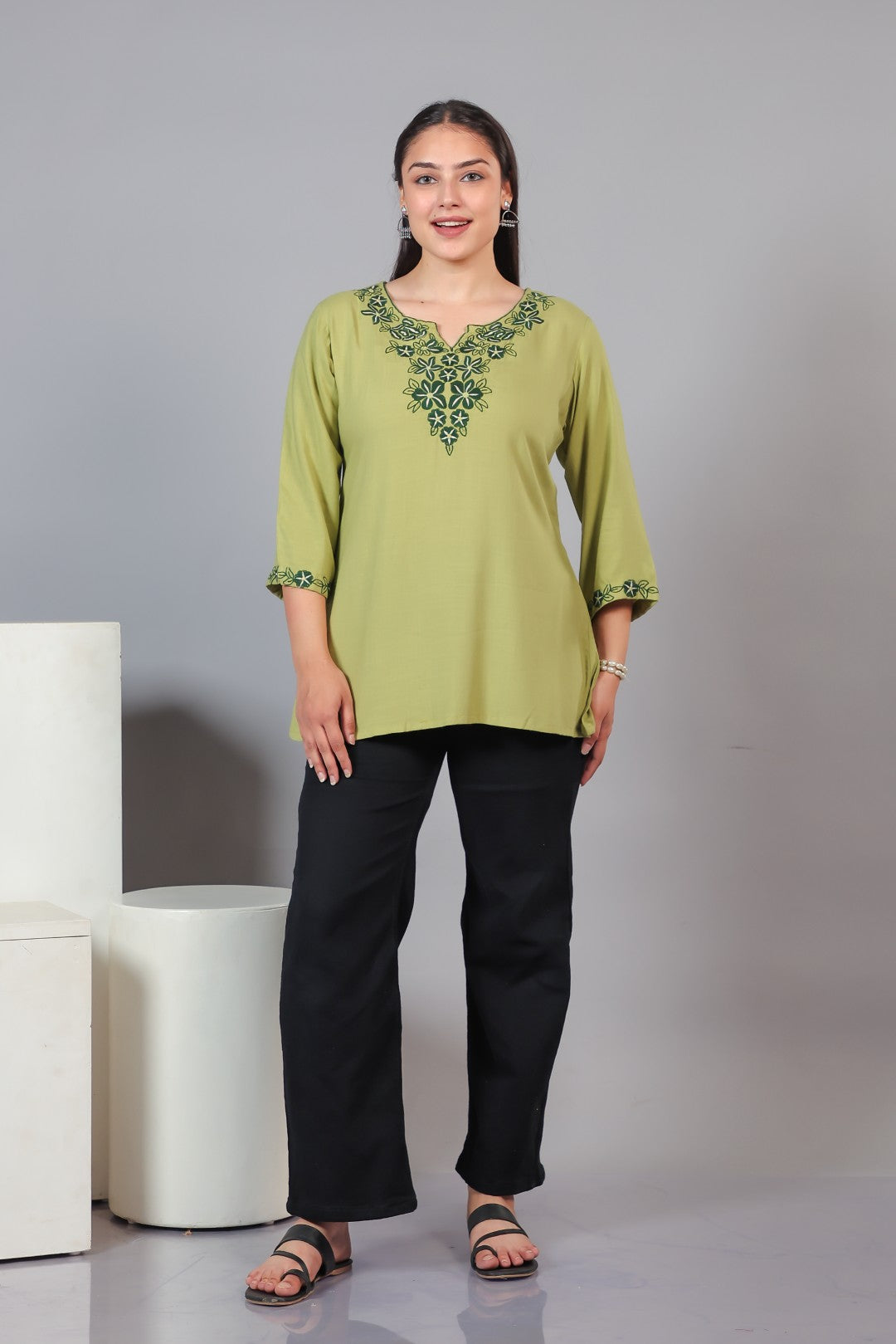 Pista Green Rayon Thread Work Top