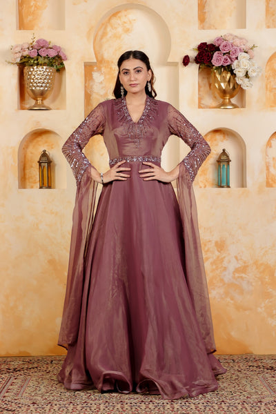 Autumn Copper Shimmer Chiffon with Handwork Gown