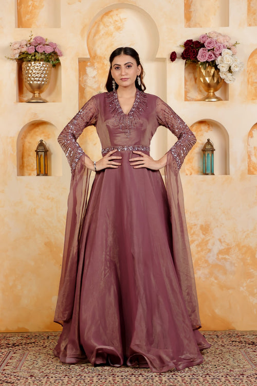 Autumn Copper Shimmer Chiffon with Handwork Gown