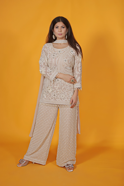 Golden Beige Georgette Top with Pearl Handwork with Palazzo & Dupatta