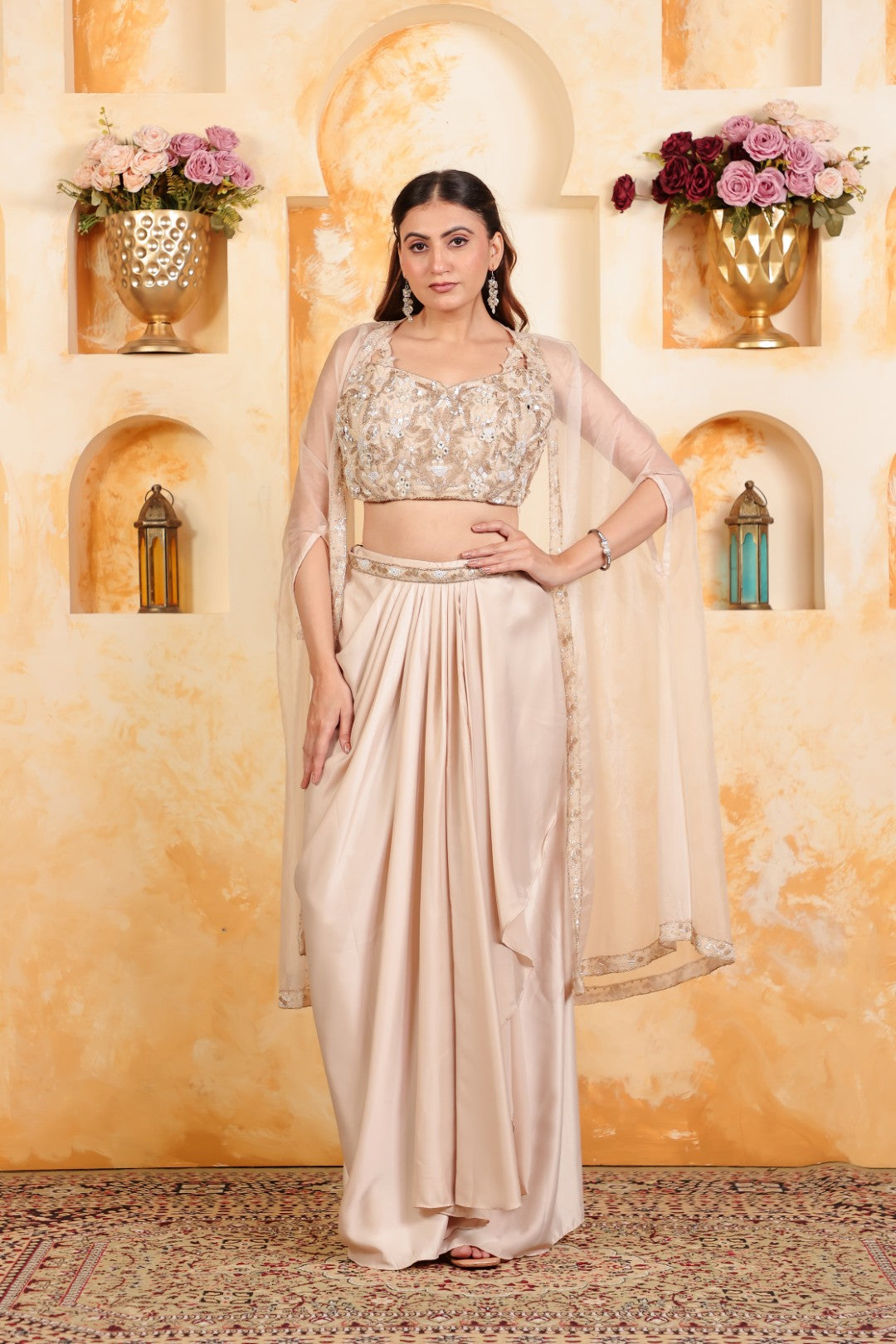 Beige Satin Blouse with Full Handwork, Beige Satin Dhoti & Shrug