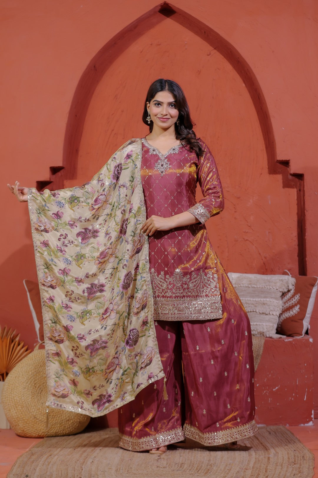 Reddish Brown Mosh Silk Suit with Banarasi Work,Sharara & Dupatta