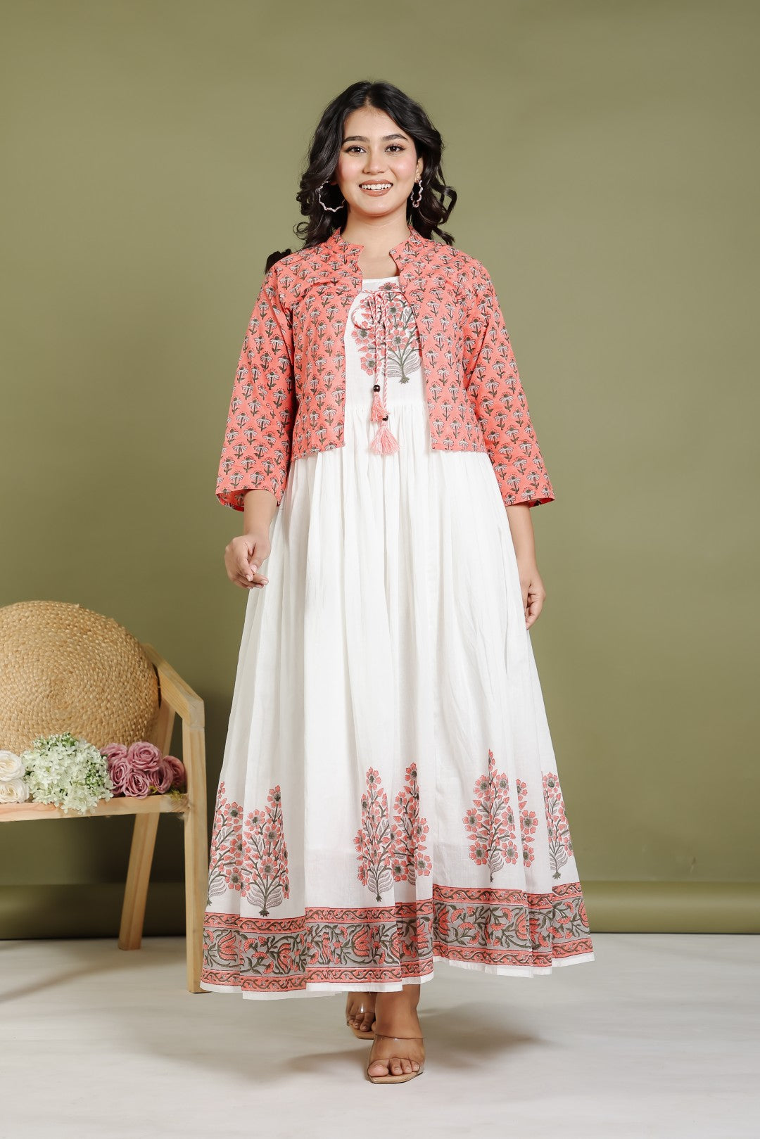 Offwhite Mulmul Cotton Suit with Hand Block Sanganeri Print and Rust Grey Hand Block Sanganeri Printed Jacket