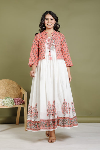 Offwhite Mulmul Cotton Suit with Hand Block Sanganeri Print and Rust Grey Hand Block Sanganeri Printed Jacket