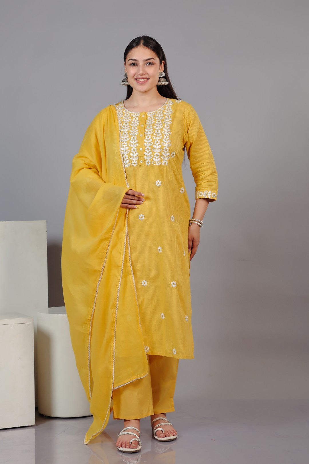 Yellow Cotton Suit with Fine Thread Work, Bottom & Dupatta