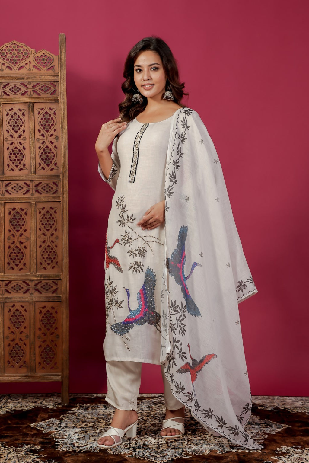 Off White Jute Linen Suit with Duck Print & Lucknavi Work, Bottom & Dupatta
