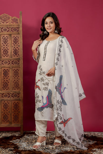 Off White Jute Linen Suit with Duck Print & Lucknavi Work, Bottom & Dupatta