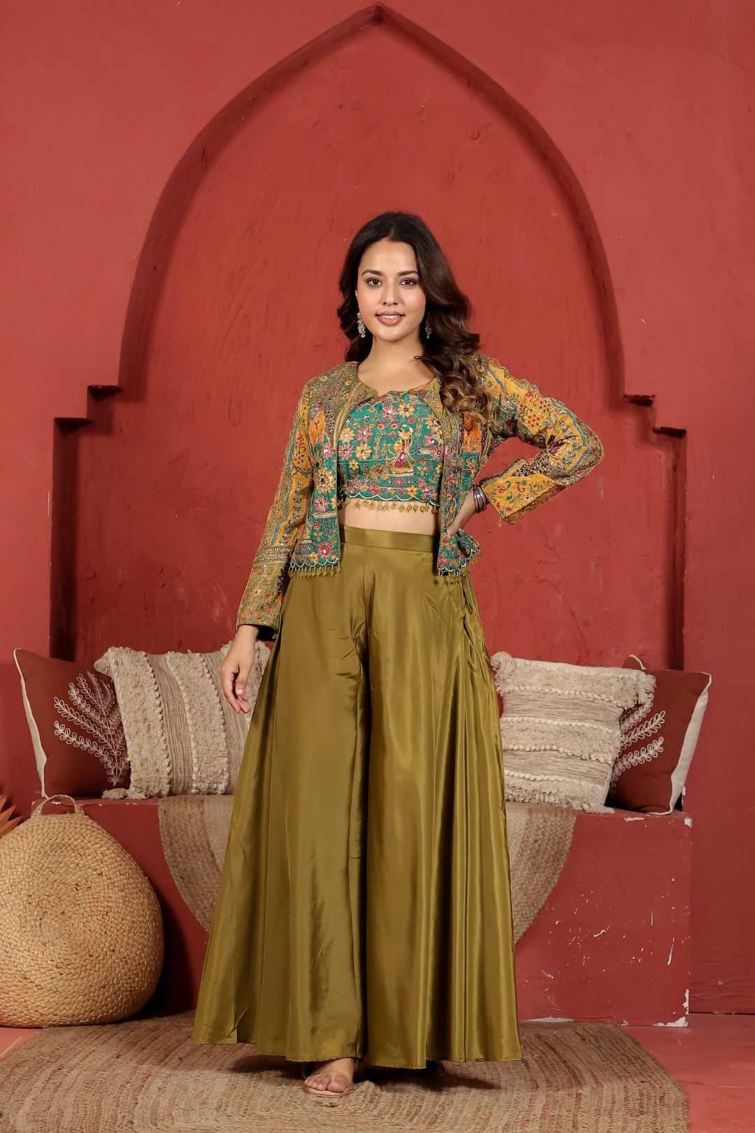 Mehendi Green Crepe Silk with Rajwadi Print & Zari Work Blouse and Jacket