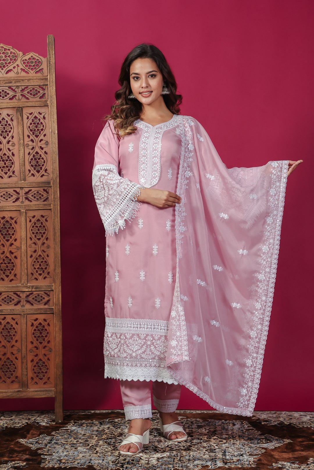 Baby Pink Organza Suit with Thread  Work, Bottom & Dupatta