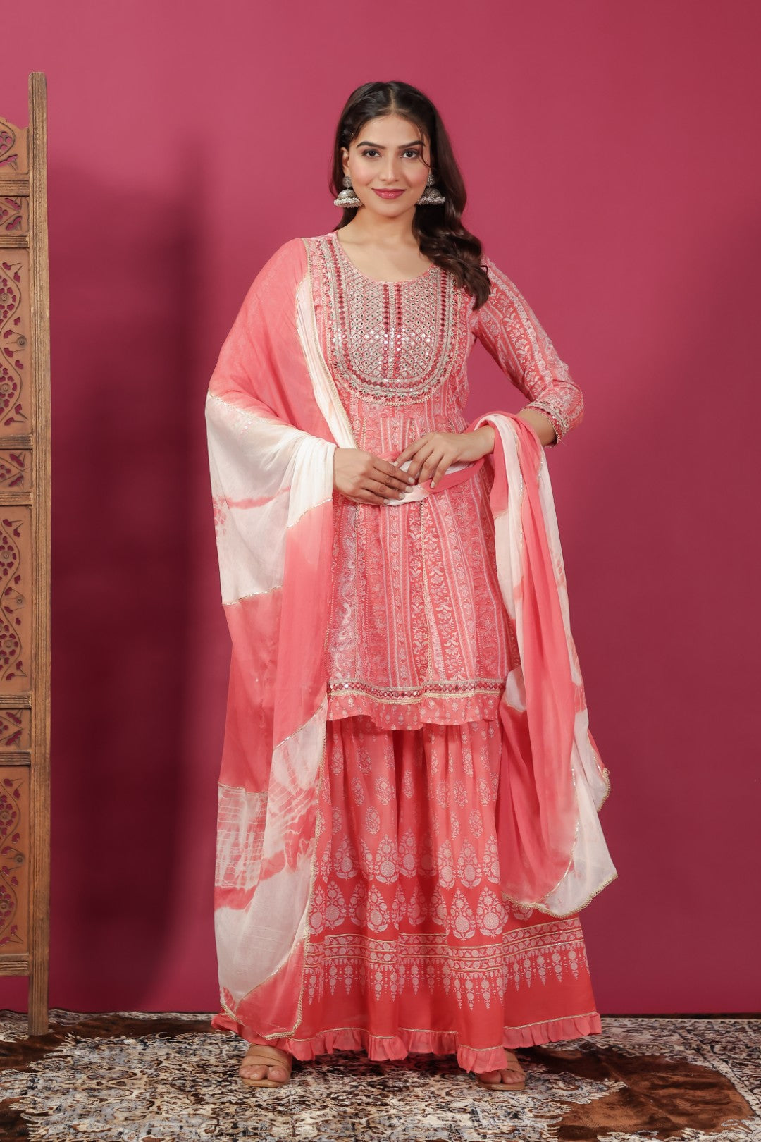 Reddish Orange Cotton Printed Suit, Palazzo & Dupatta