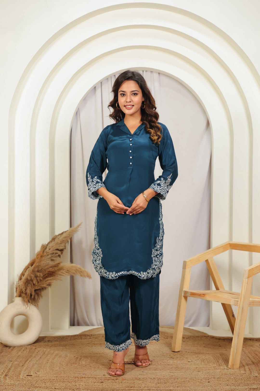 Diesel Blue Crepe Silk with White Thread Work Co-ord Set