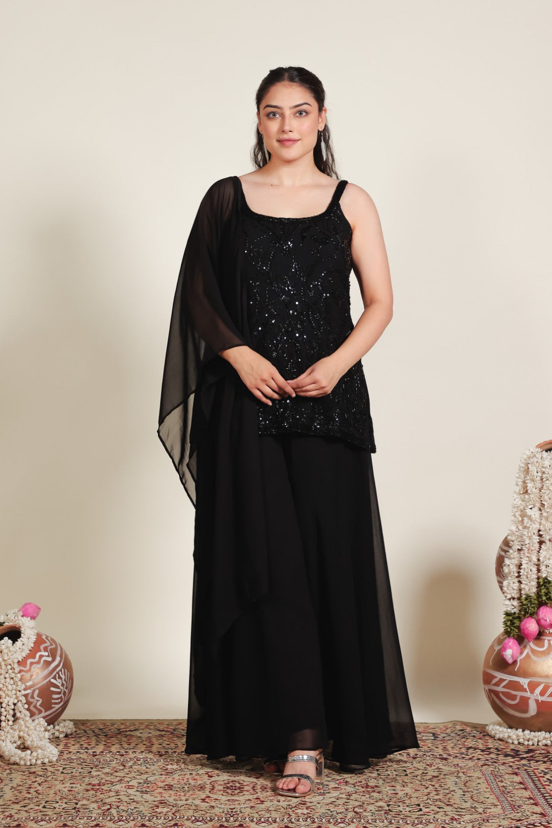 Black Georgette Suit with Handwork, Sharara & Dupatta