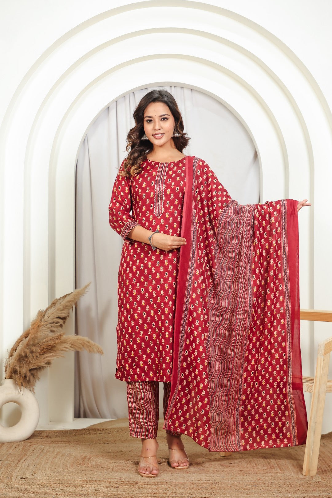 Maroon Slub Cotton Printed Suit with Lining Print Bottom & Dupatta