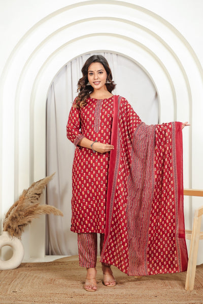 Maroon Slub Cotton Printed Suit with Lining Print Bottom & Dupatta