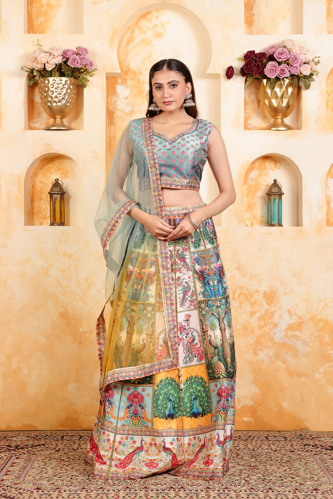 Sky Blue Taffeta Silk Printed Blouse and Multi Color Position Print Lehenga & Net Dupatta