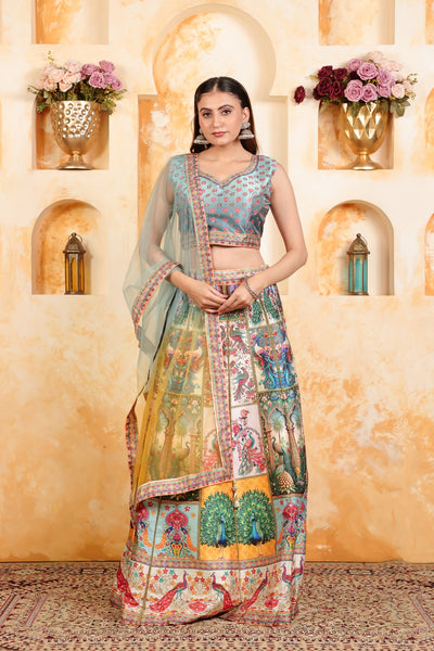 Sky Blue Taffeta Silk Printed Blouse and Multi Color Position Print Lehenga & Net Dupatta