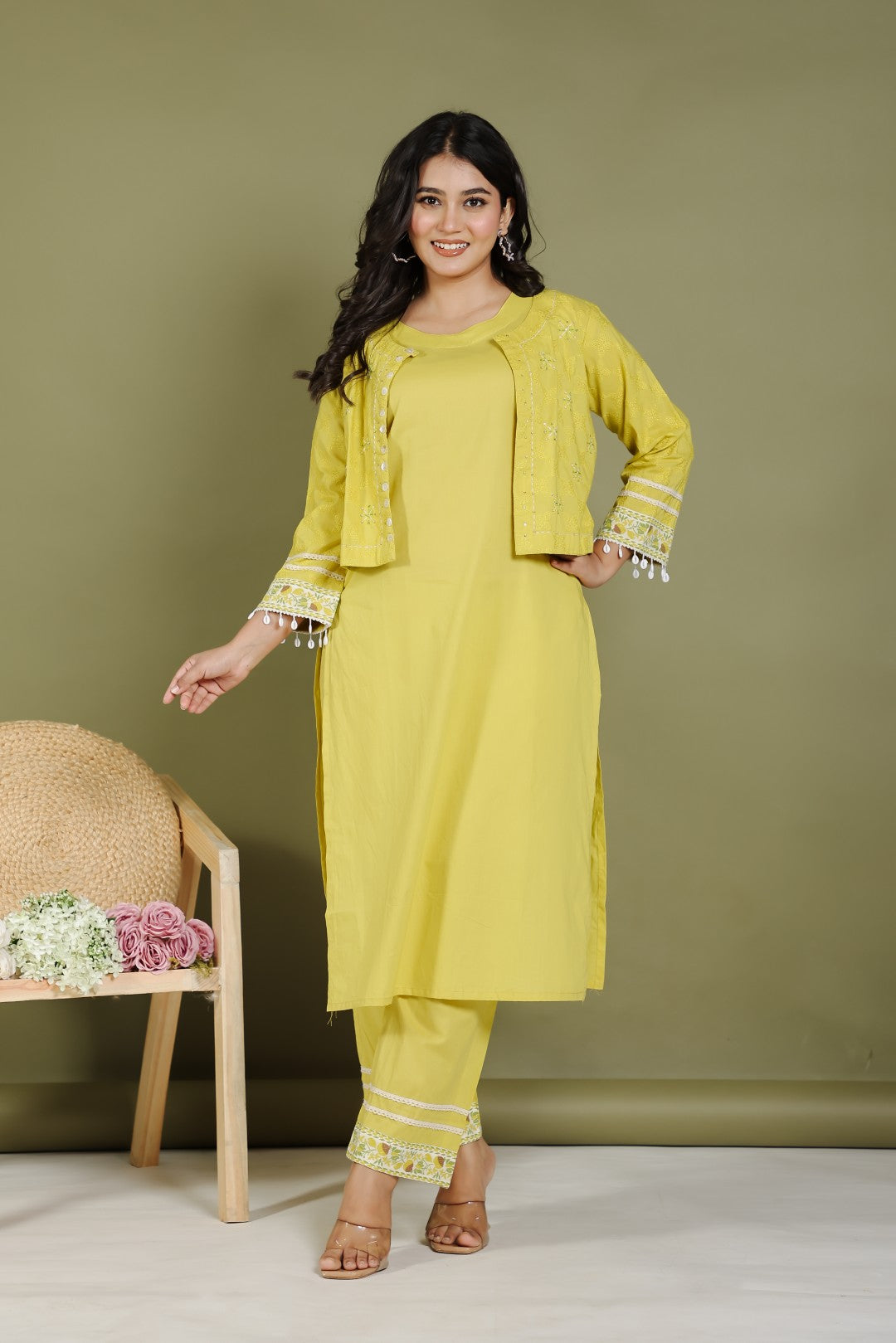 Neon Cotton Suit with Thread Embroidery and Jacket with Thread Embroidery