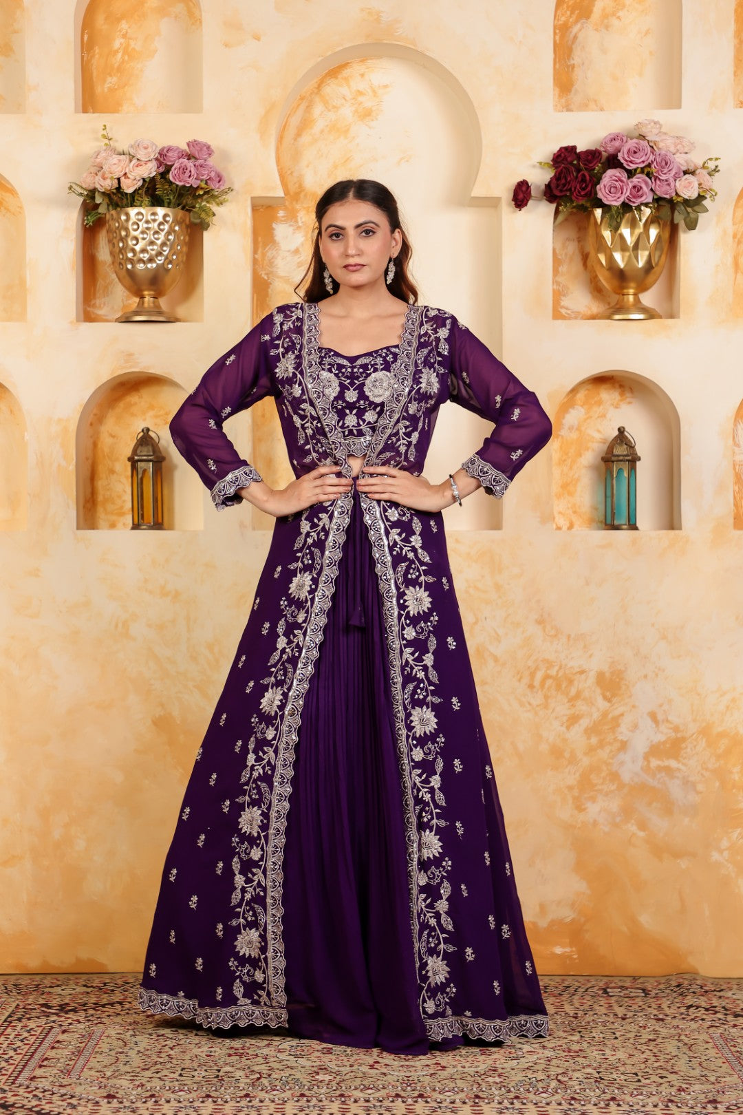 Purple Georgette Blouse with Thread & Stone Work, Lehenga & Long Jacket Shrug