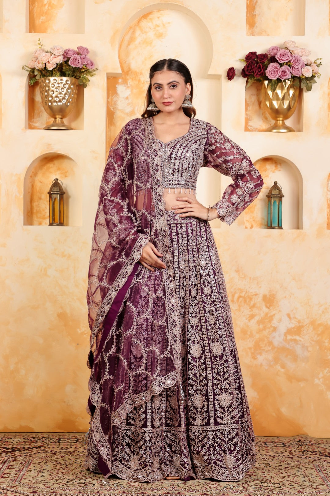 Wine Net Blouse with Full Zari, Mirror & Stone Work, Lehenga & Dupatta