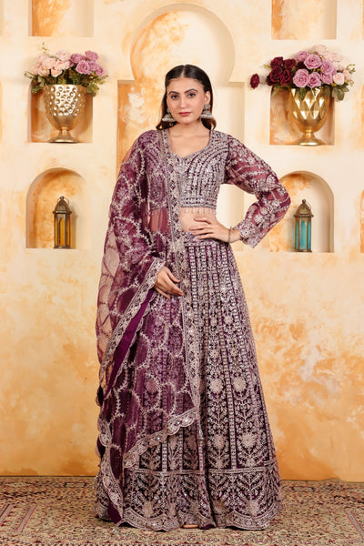 Wine Net Blouse with Full Zari, Mirror & Stone Work, Lehenga & Dupatta