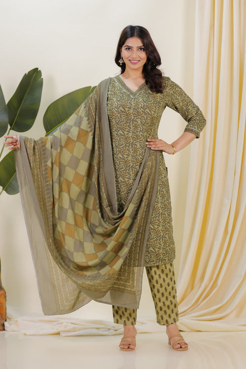 Baby Green Cotton Printed Top Paired with Matching Bottom & Dupatta