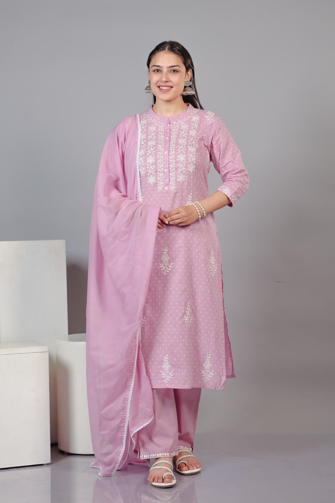 Pink Cotton Suit with Fine Thread Work, Bottom & Dupatta