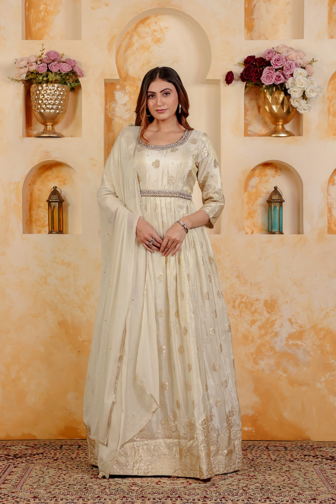 Off White Mosh Silk Banarasi Print with Belt, Gown & Dupatta