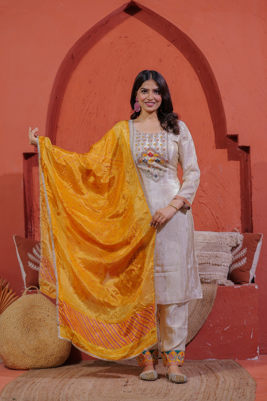 Off White Mosh Silk Suit with Self Print & Zari Sequin Work, Bottom & Dupatta