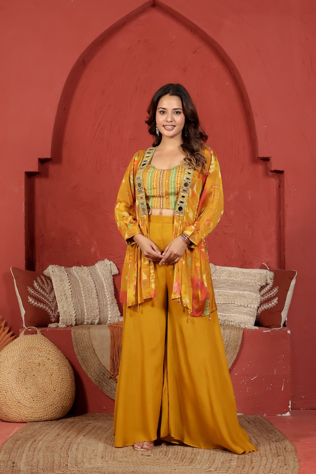 Mustard Yellow Chinon Silk Jacket with Mirror Work Palazzo & Printed Shrug