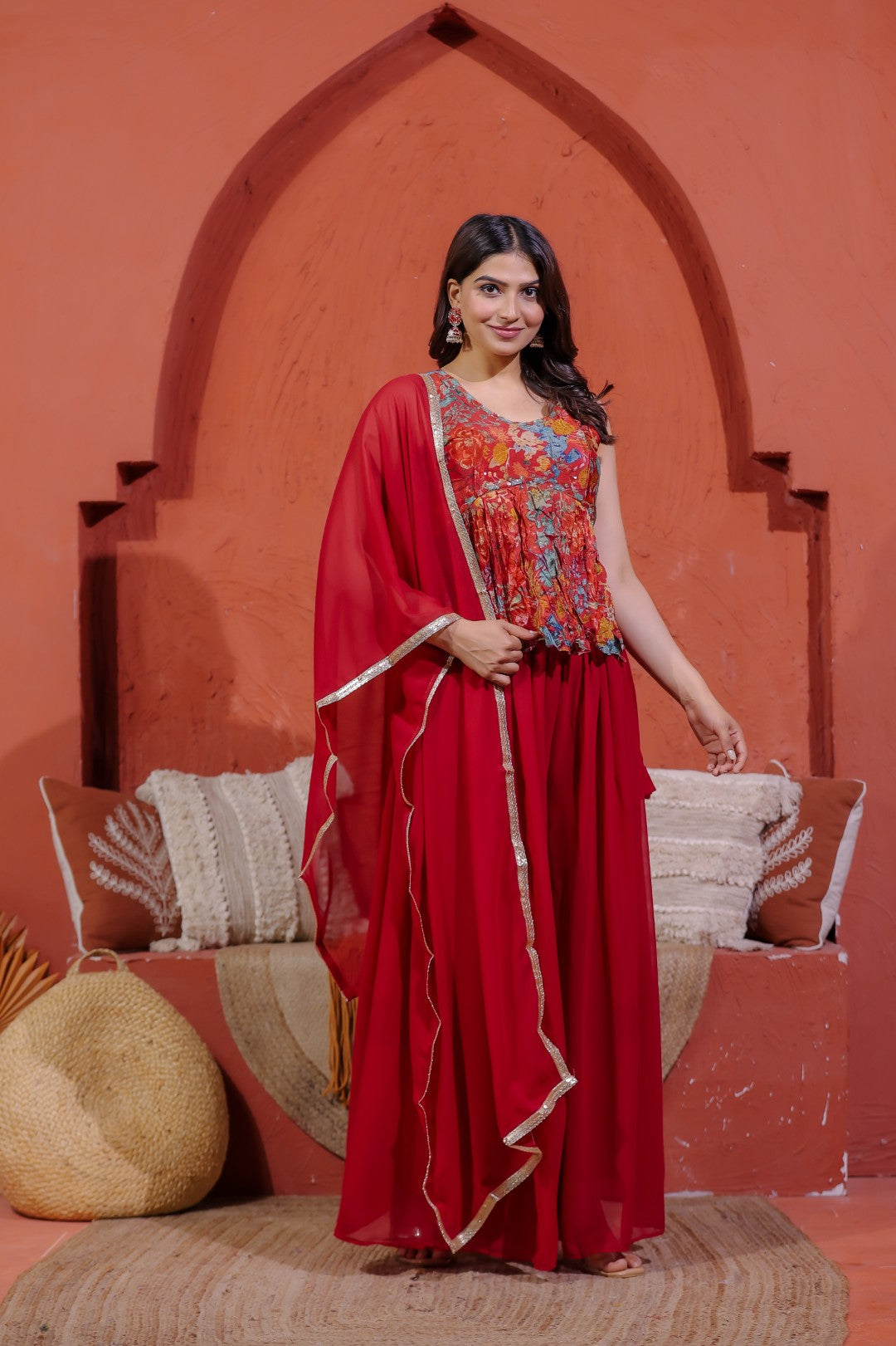 Maroon Chinon Silk Printed Top with Handwork, Sharara & Dupatta