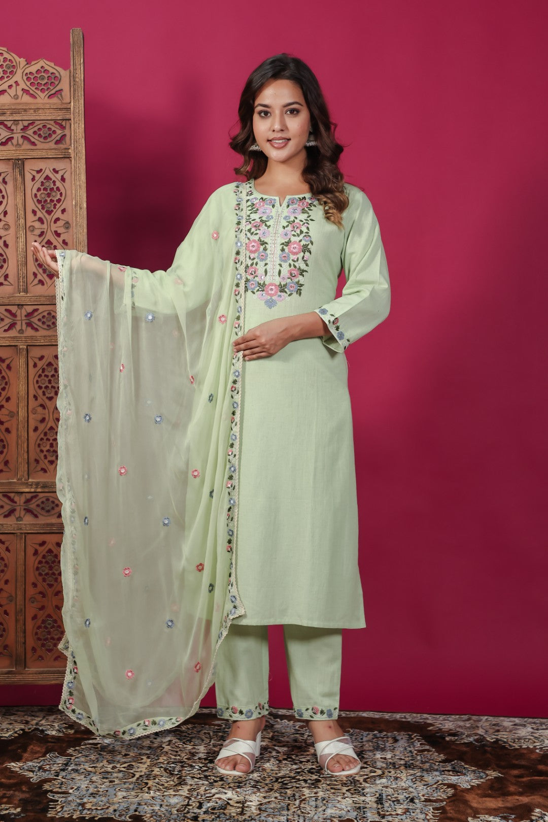 Pista Green Linen Cotton Suit with Thread Embroidery, Bottom & Dupatta