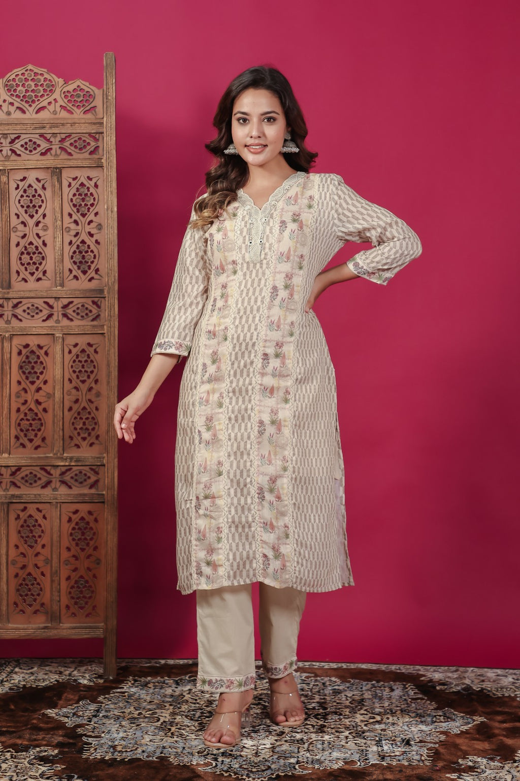 Beige Linen Cotton Printed Suit with Lace Work, Bottom & Dupatta