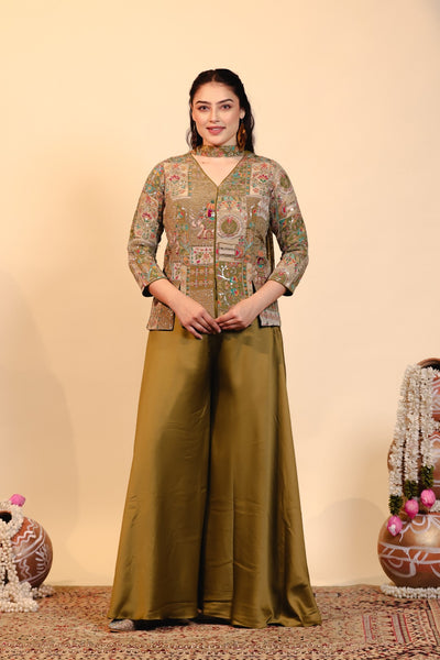 Mehendi Green HO Silk Top with Position Prints & Zari Work, Sharara & Dupatta