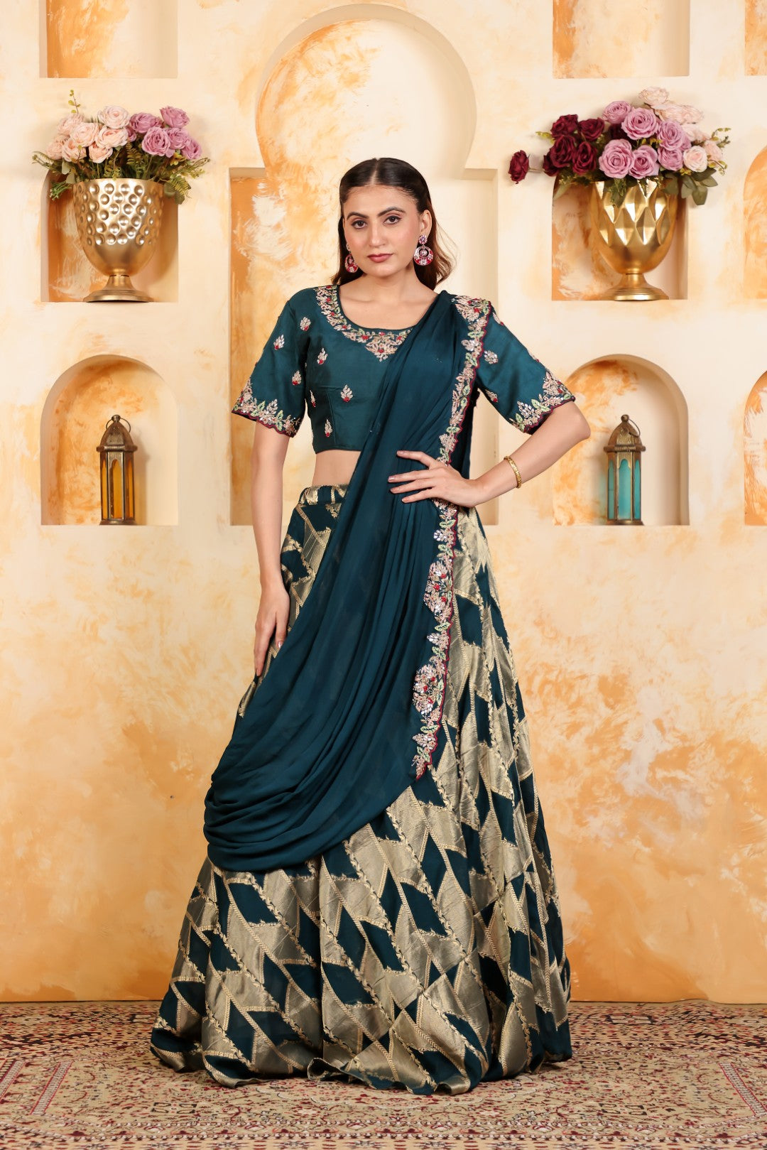 Diesel Blue Silk Banarasi Lehenga with Gotta Patti Handwork Blouse, Saree-Style Pallu