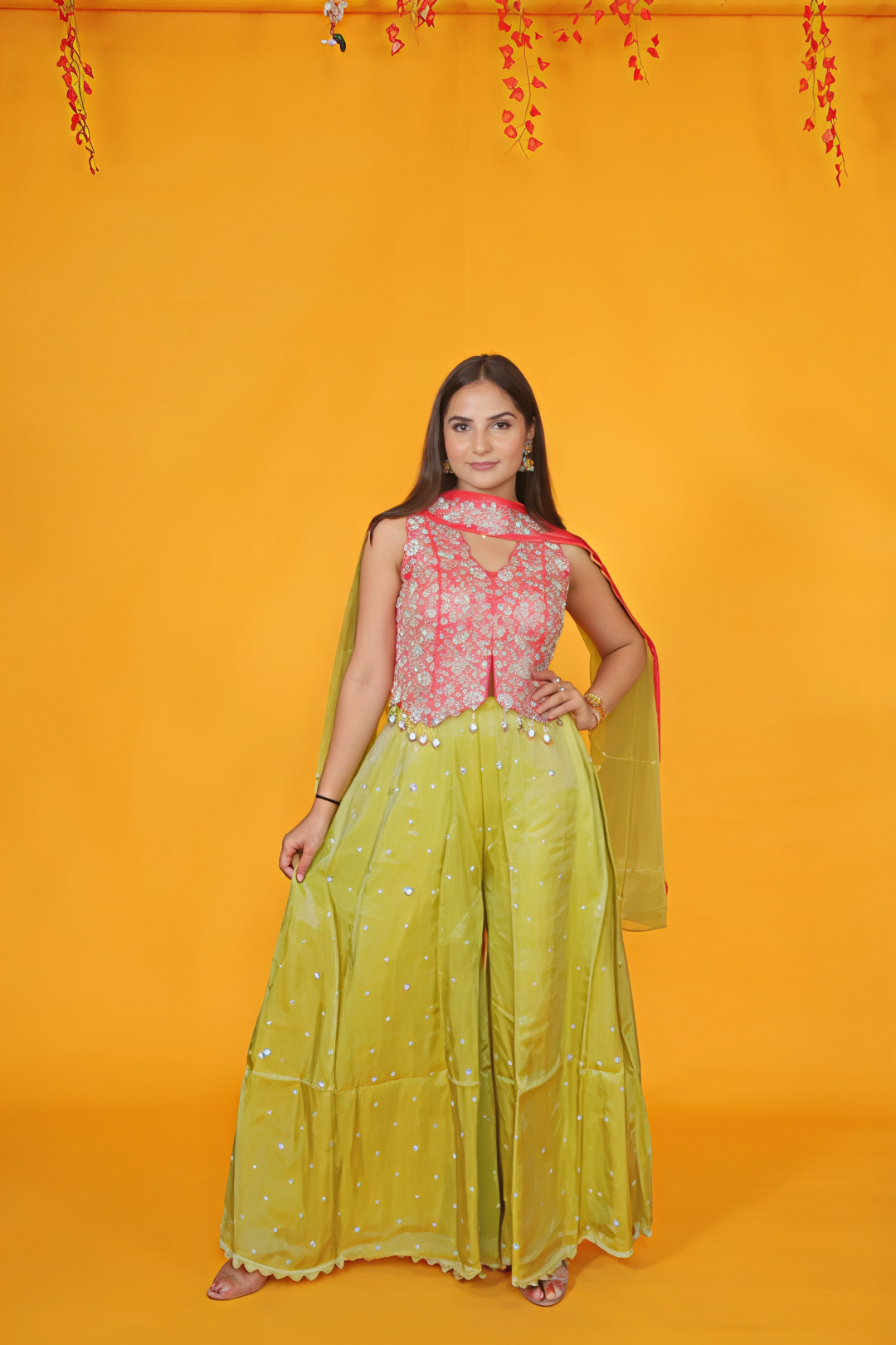 Pink Mosh Silk Blouse with Handwork, and Lime Green Sharara & Dupatta