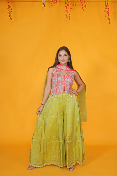 Pink Mosh Silk Blouse with Handwork, and Lime Green Sharara & Dupatta