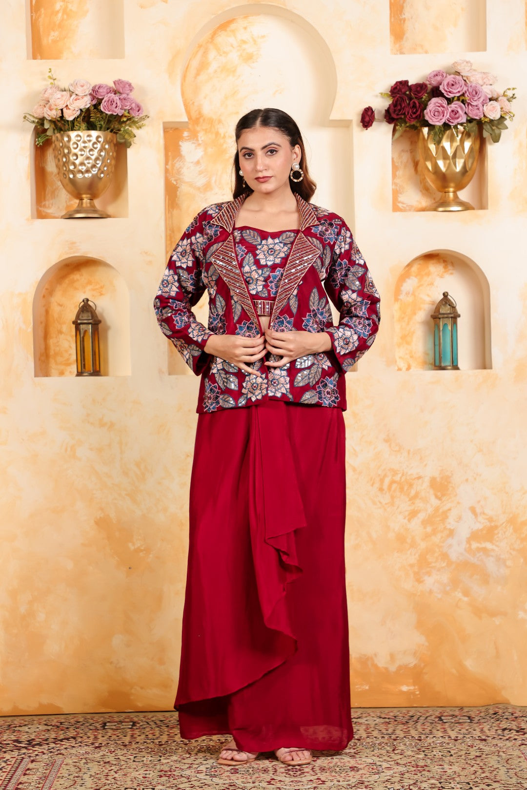 Maroon Chinon Silk Blouse with Thread & Sequence Work, Jacket & Dhoti