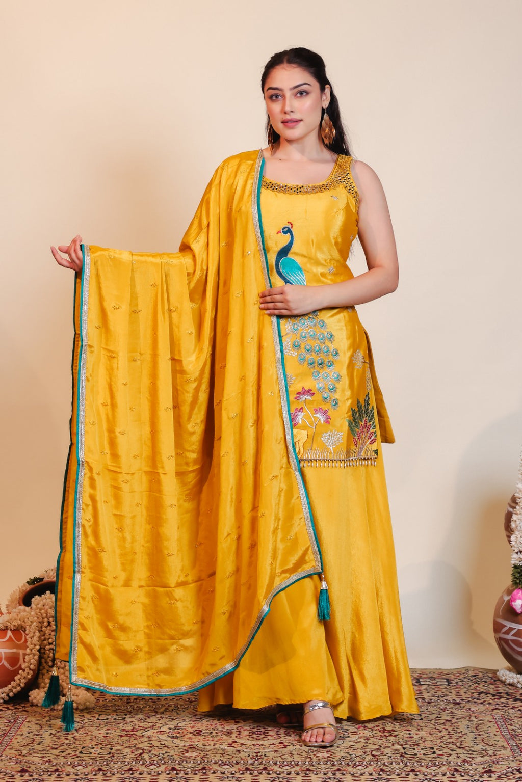 Mustard Yellow Chinon Suit with Peacock Zari Work, Sharara & Dupatta