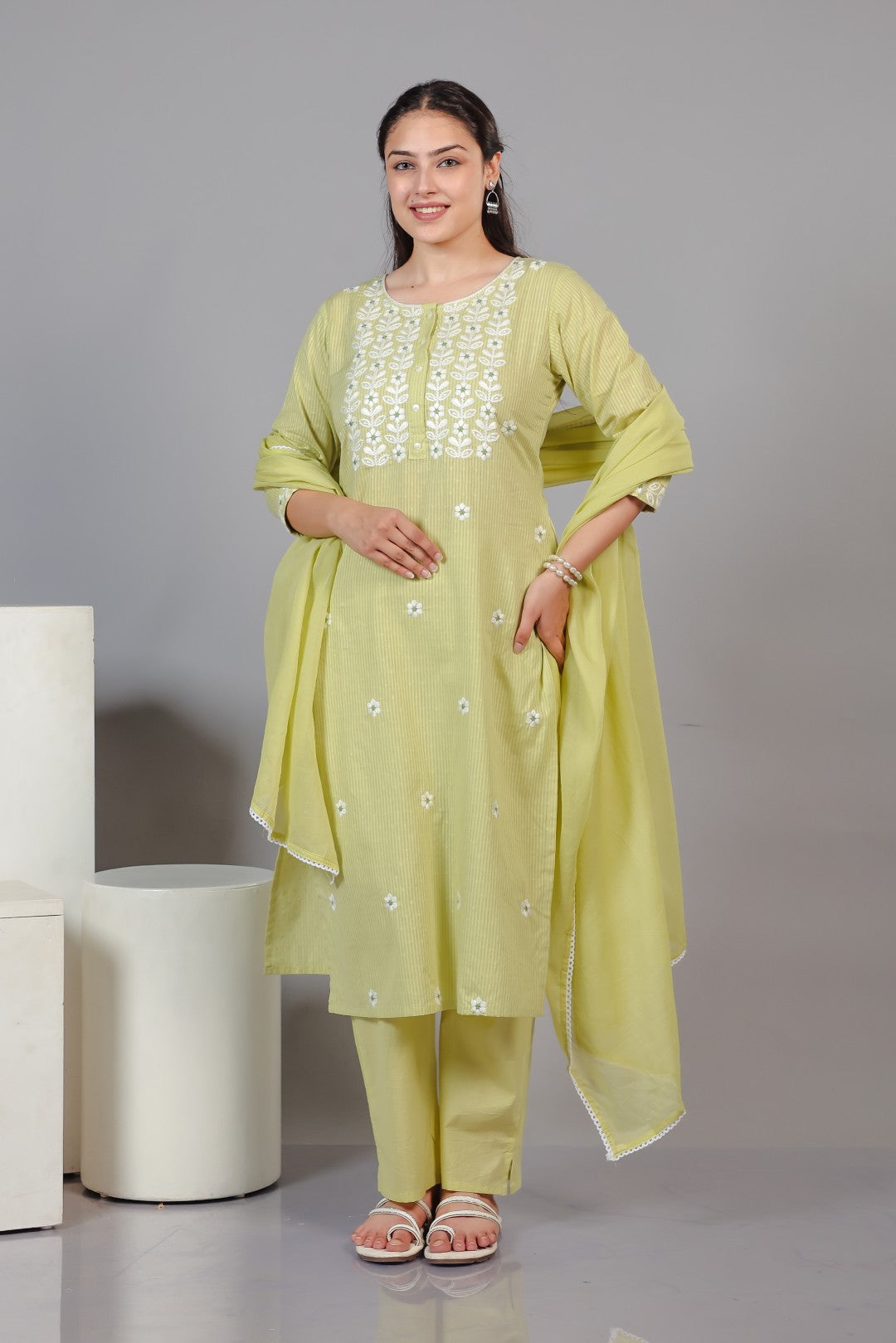 Light Green Cotton Suit with Fine Thread Work, Bottom & Dupatta