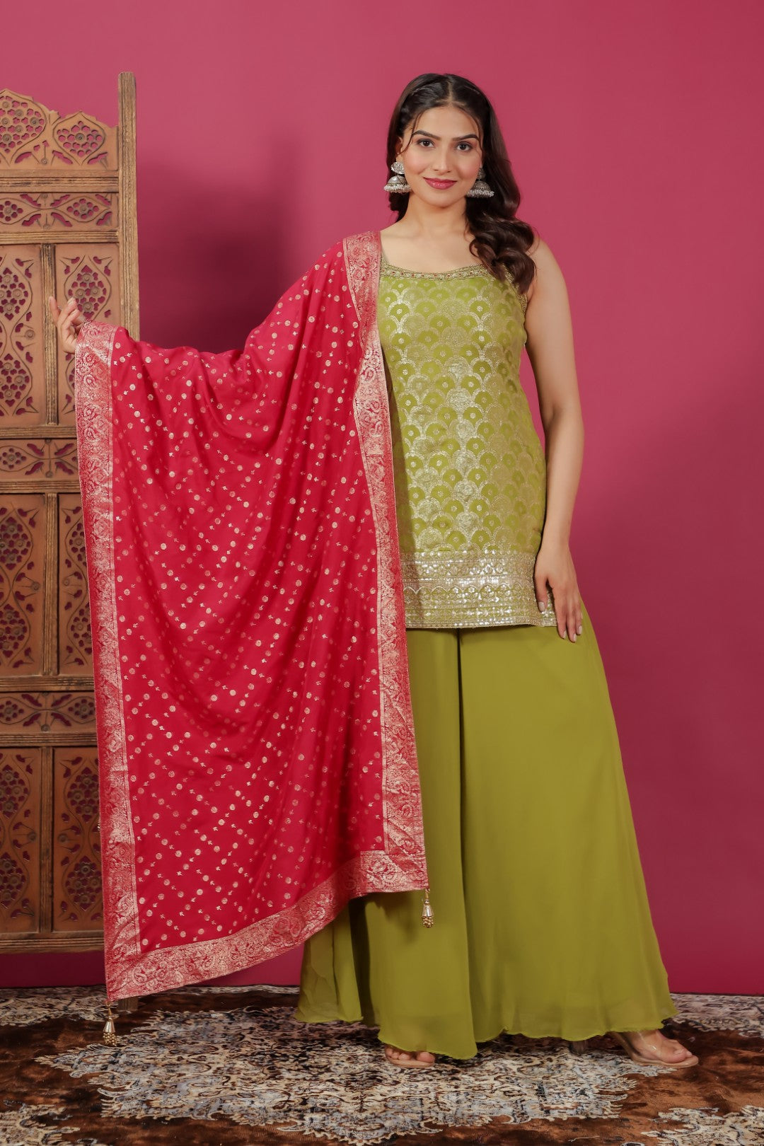 Lime Green Dola Silk Banarasi Suit with Zari & Sequin Work, Sharara & Dupatta