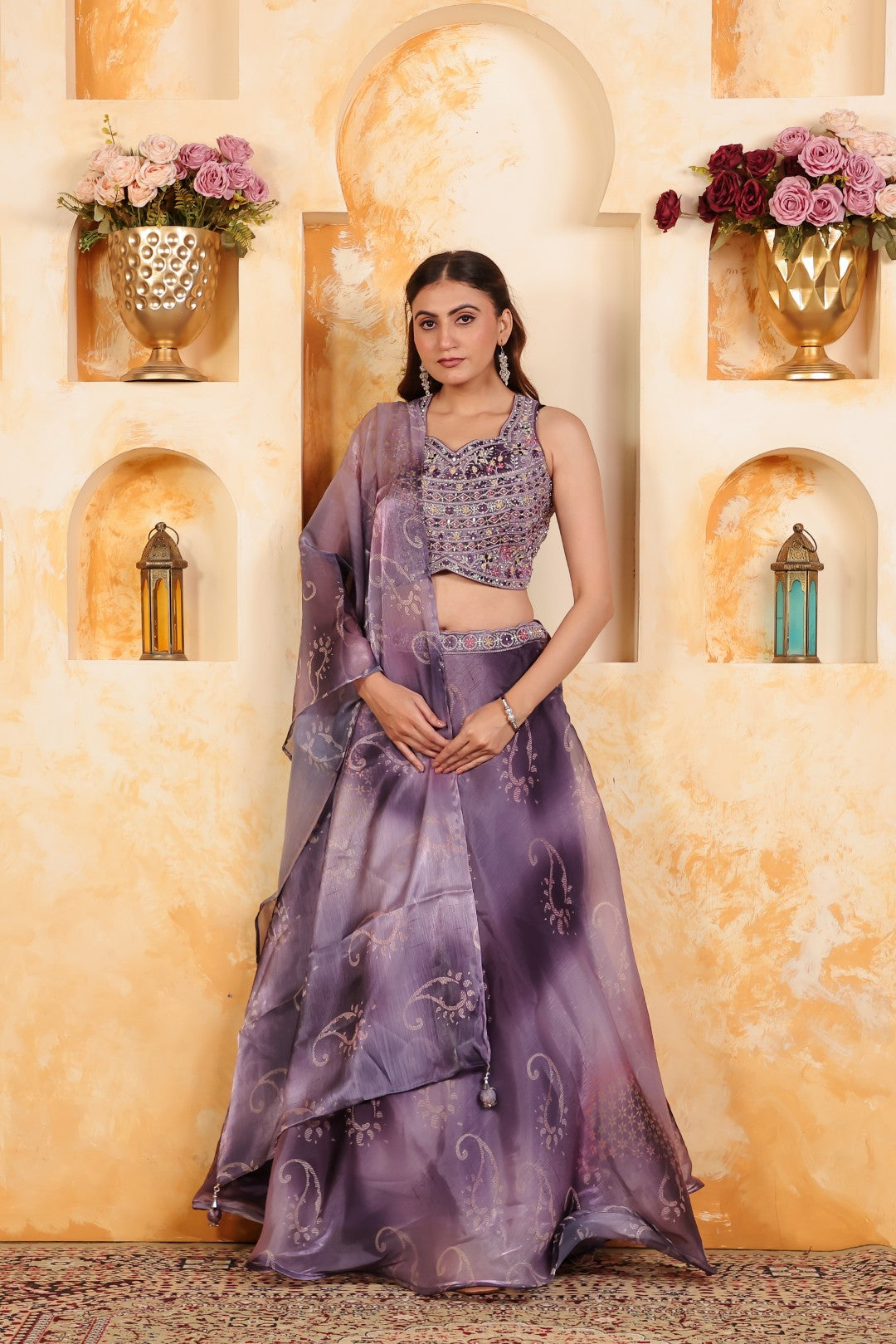 Purple Jimmy Choo Blouse with Digital Print & Zari Work, Lehenga & Dupatta