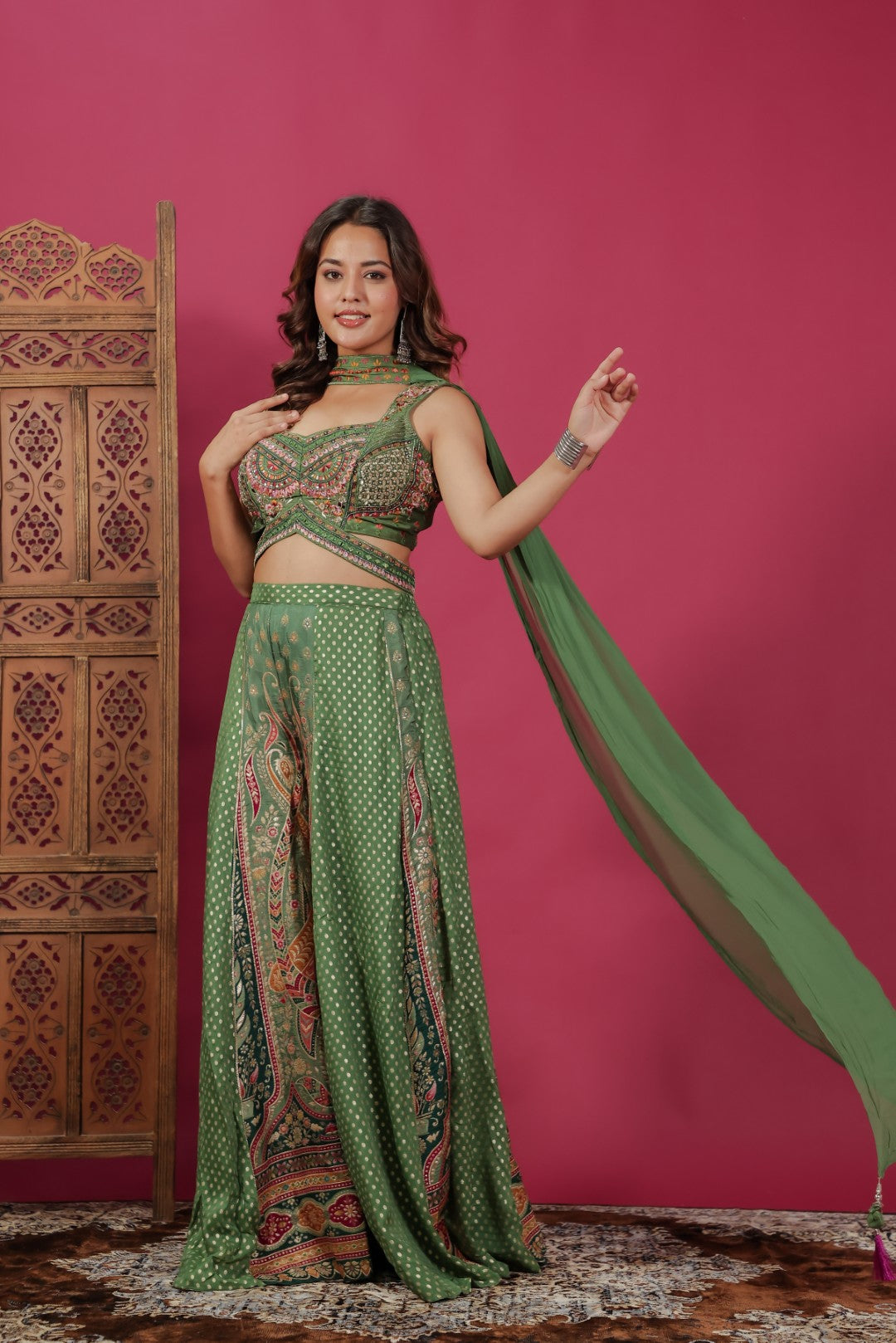 Green Silk Blouse with Zari & Mirror Work, Banarasi Printed Sharara & Dupatta