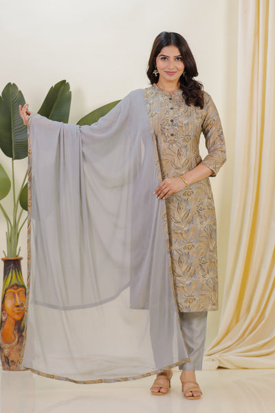 Grey Muslin Foil Printed Suit with, Bottom & Dupatta