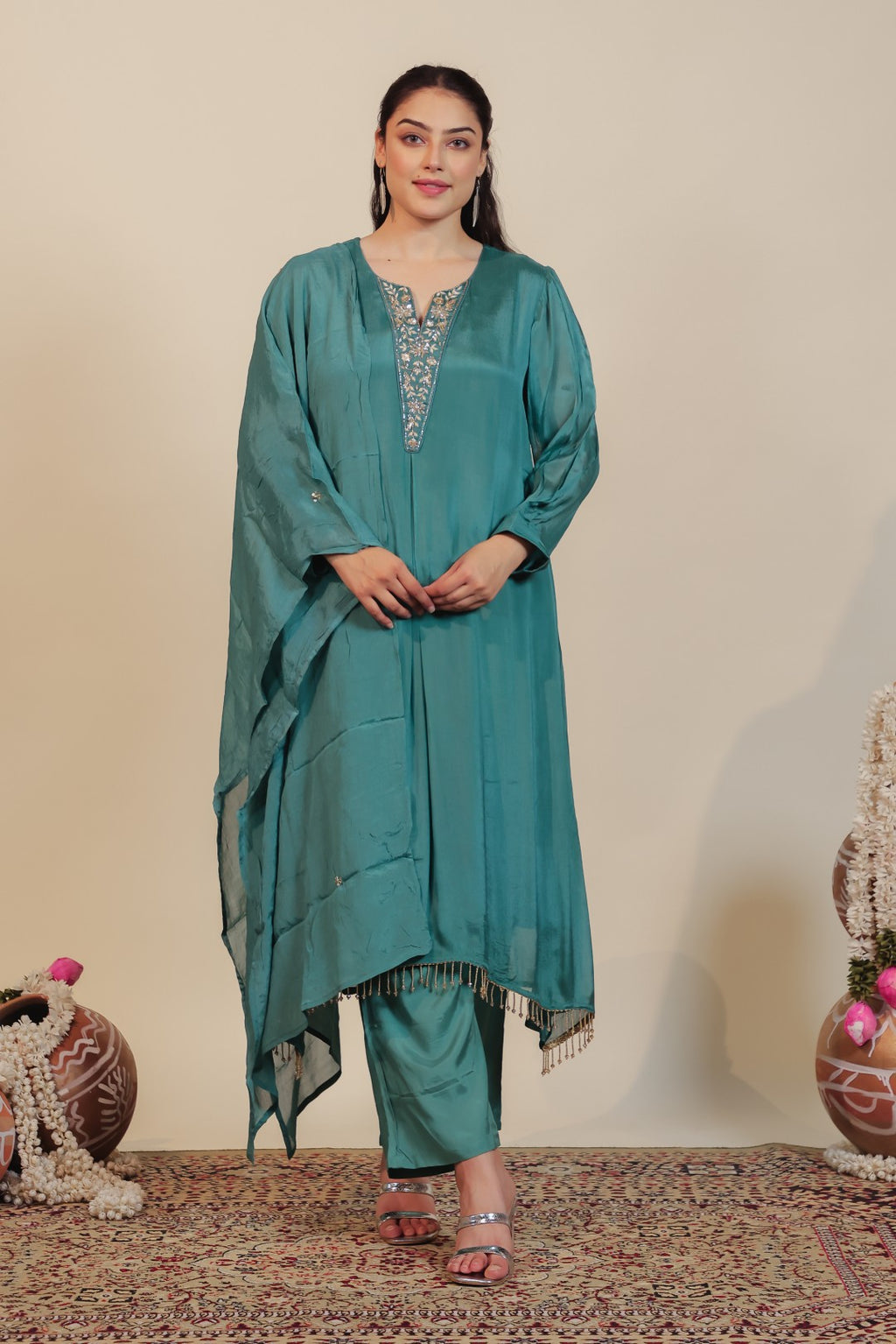 Teal Green Chinon Suit with Handwork, Bottom & Dupatta