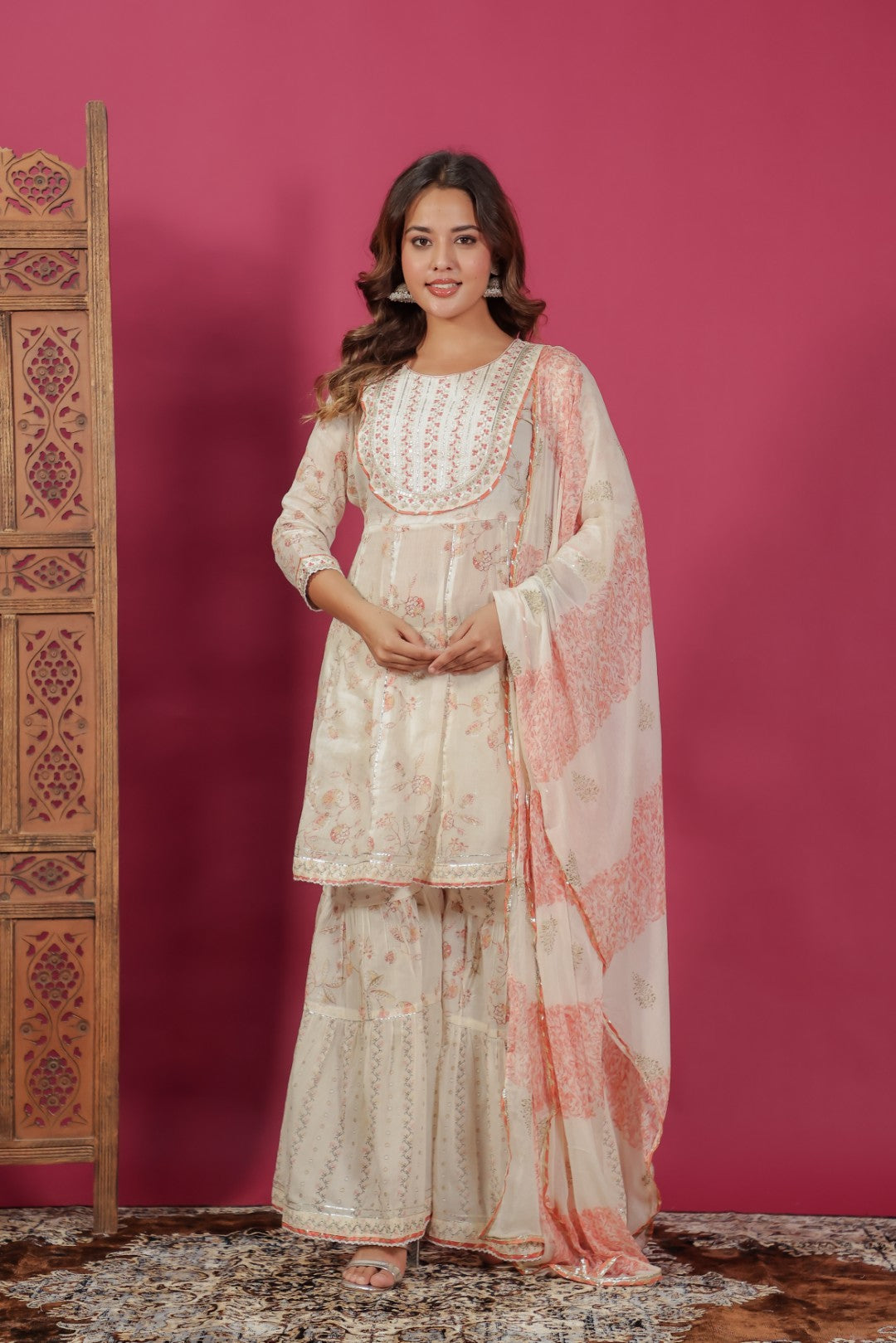 Off White Mulmul Cotton Foil Printed Suit, Sharara & Dupatta