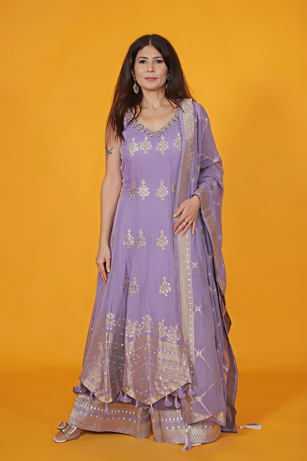 Lavender HO Silk Top with Banarsi Butti Handwork, Palazzo & Dupatta