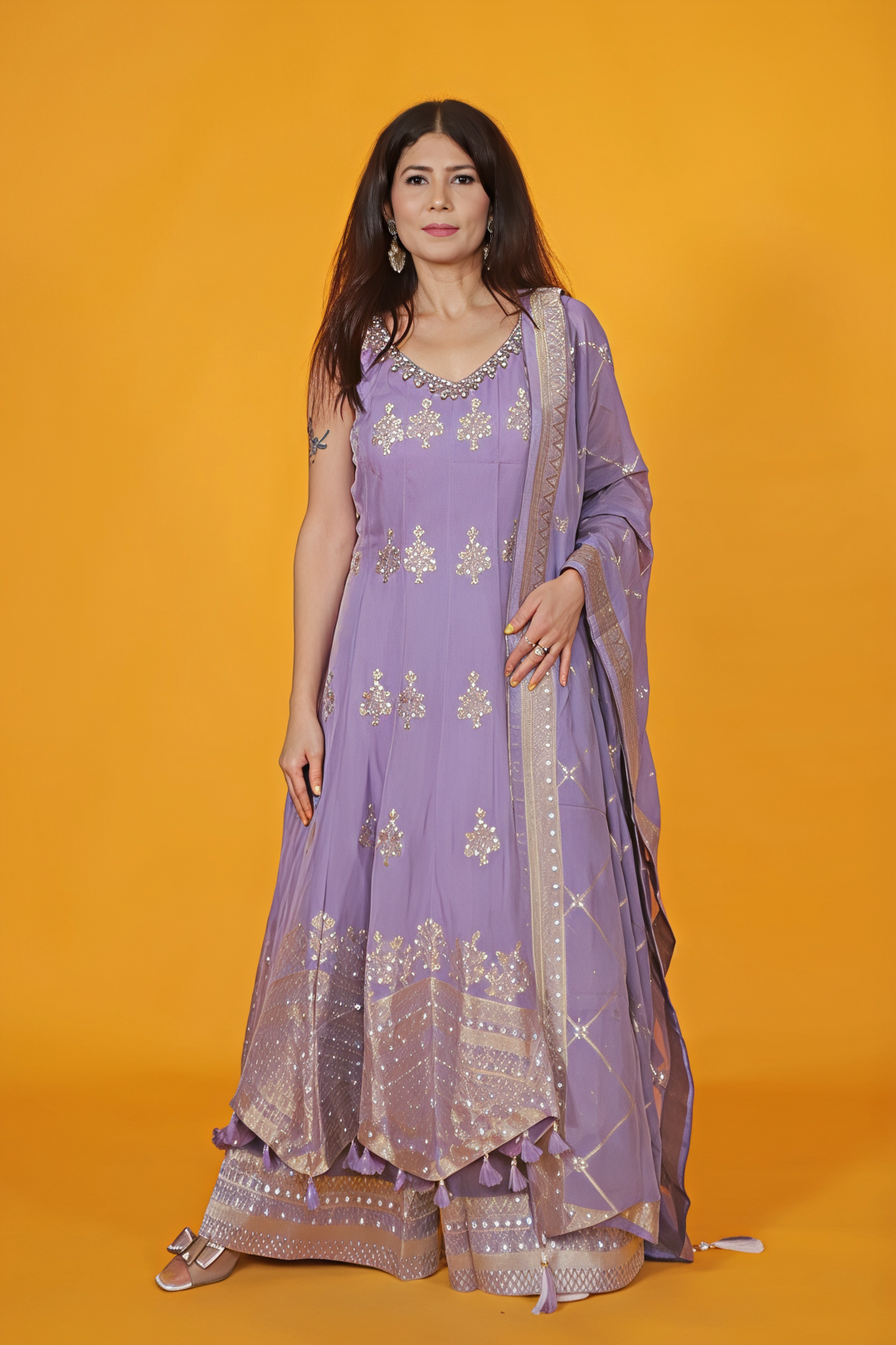 Lavender HO Silk Top with Banarsi Butti Handwork, Palazzo & Dupatta