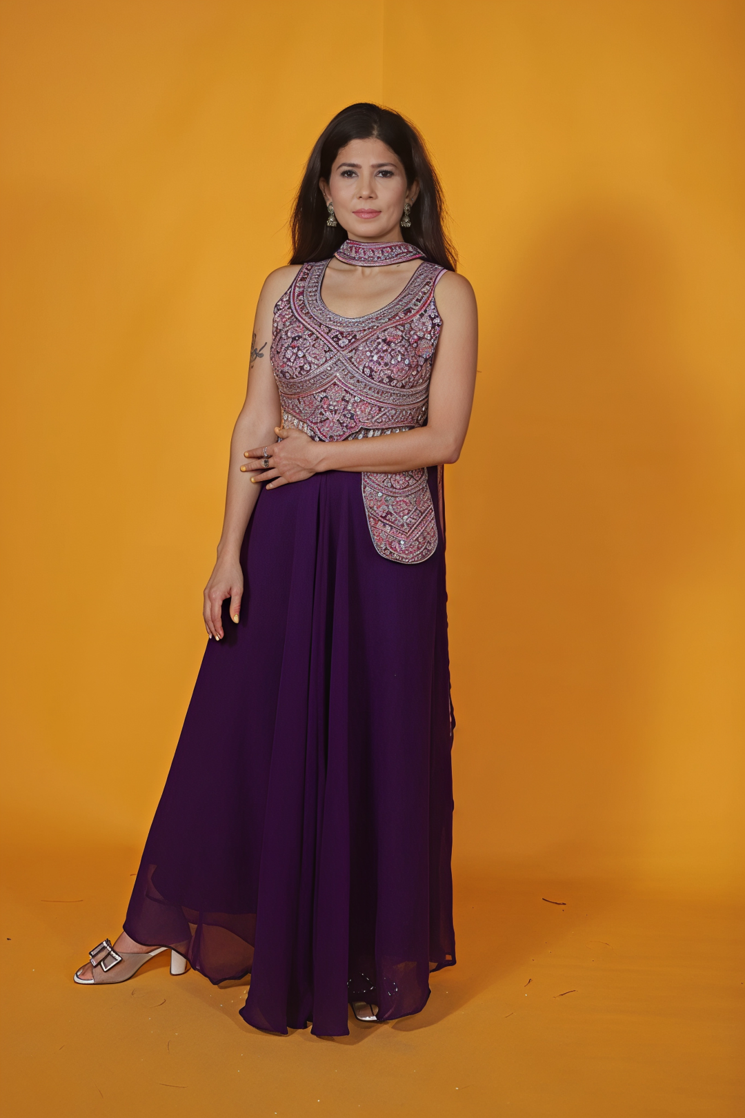 Purple Georgette Blouse with Heavy Zari Work, Sharara & Dupatta